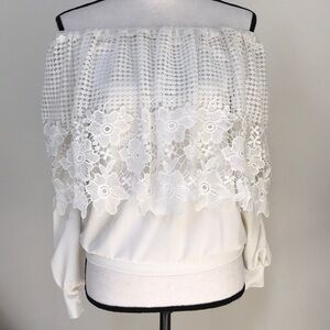 2nd Flower Off Shoulder White Floral Lace Layered Long-Sleeve Top Size S